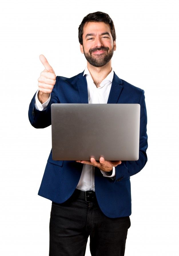 hombre guapo con una computadora portátil foto gratuita